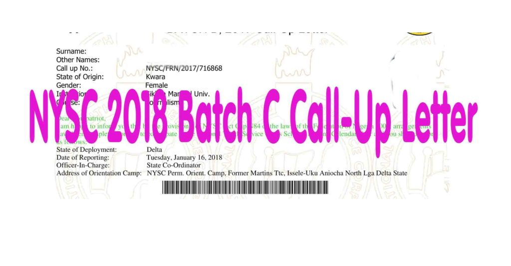NYSC 2018 Batch C Call-Up Letter Update