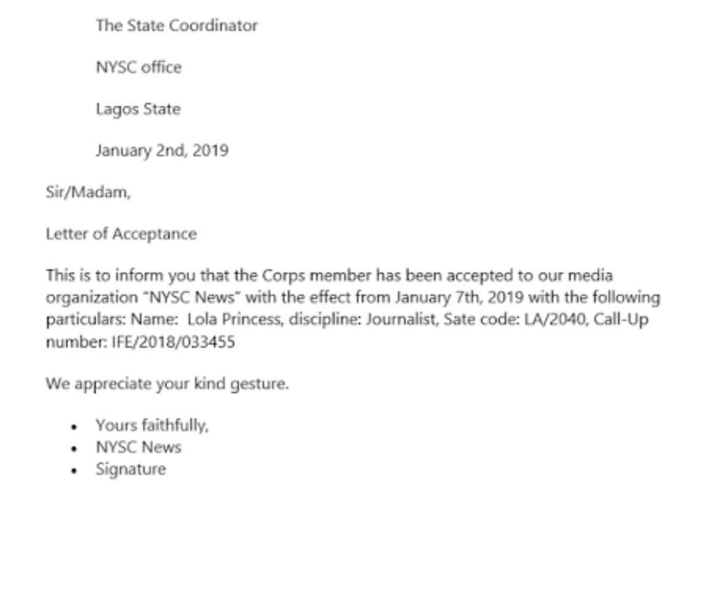 acceptance letter nysc