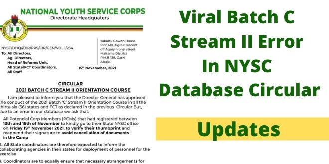 Viral Batch C Stream II Error In NYSC Database Circular