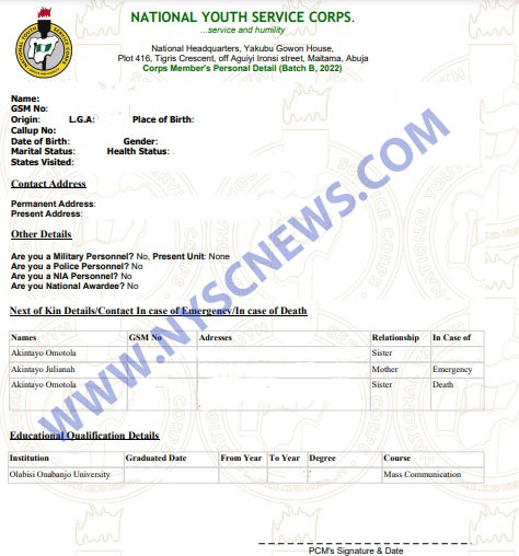 NYSC Green Card Sample