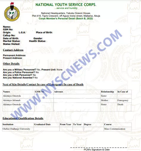 Sample Of NYSC Green Card