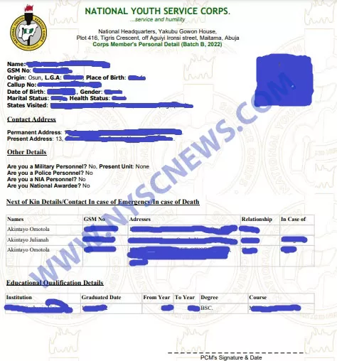 Sample Of NYSC Green Card