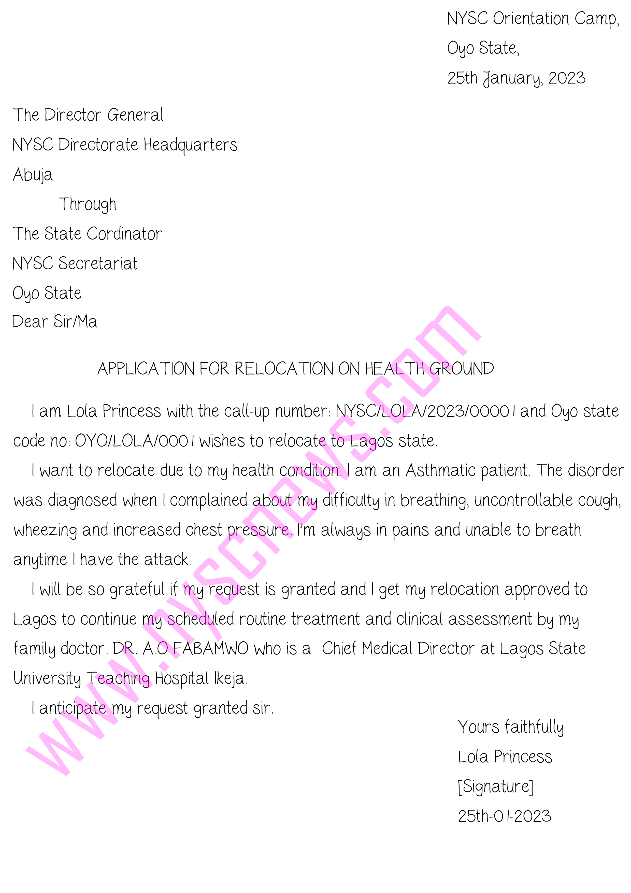Sample Of NYSC Relocation On Health Ground