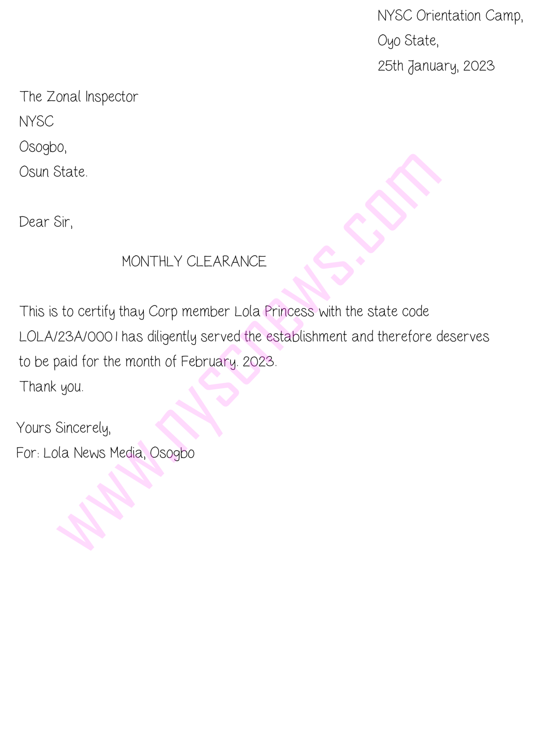Clearance Letter For NYSC Details & Sample