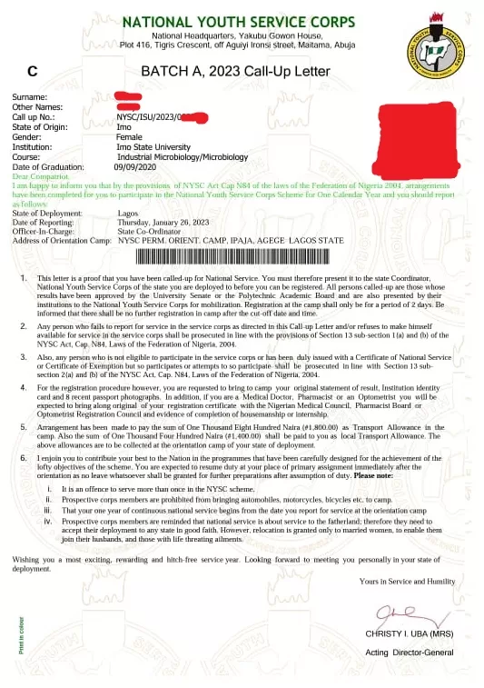 How Does NYSC Call Up Letter Look Like?