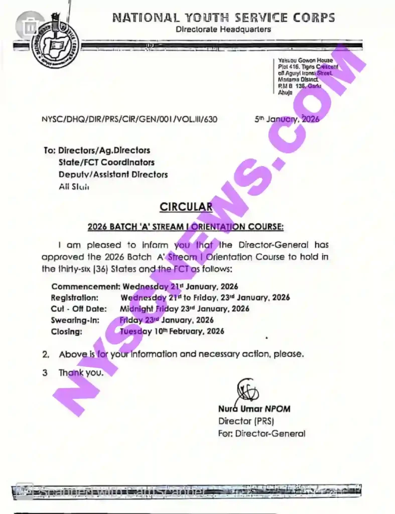 NYSC 2026 Batch ‘A’ Stream I Camp Date