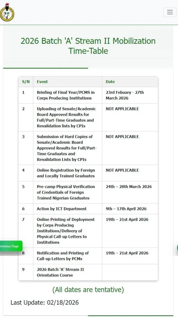 NYSC 2026 Batch A Stream II Mobilization Timetable